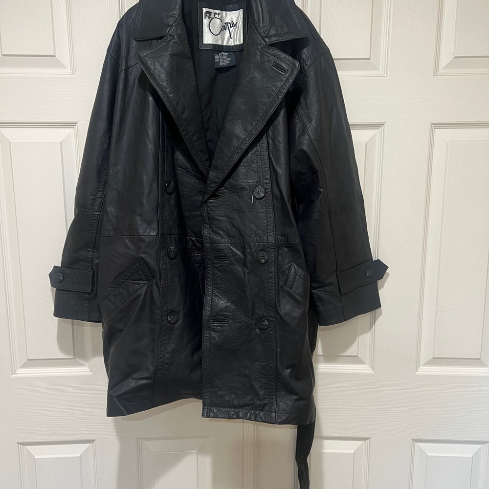 Women’s Goat Nappa Leather Black Belted Jacket Classic Coat Winter Holiday L View 2